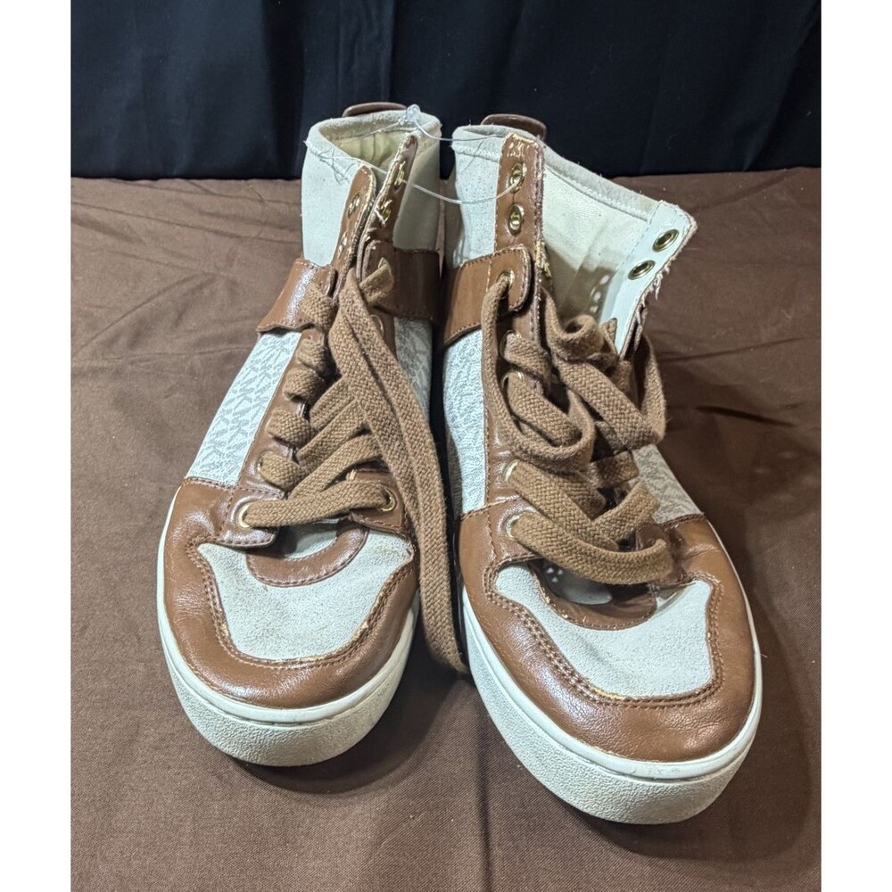 Michael Kors High Top Sneakers Women's 8.5M Brown Cream Monogram Logo Suede